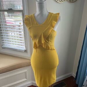 Yellow Ruffled Knit Sheath Dress by Guess